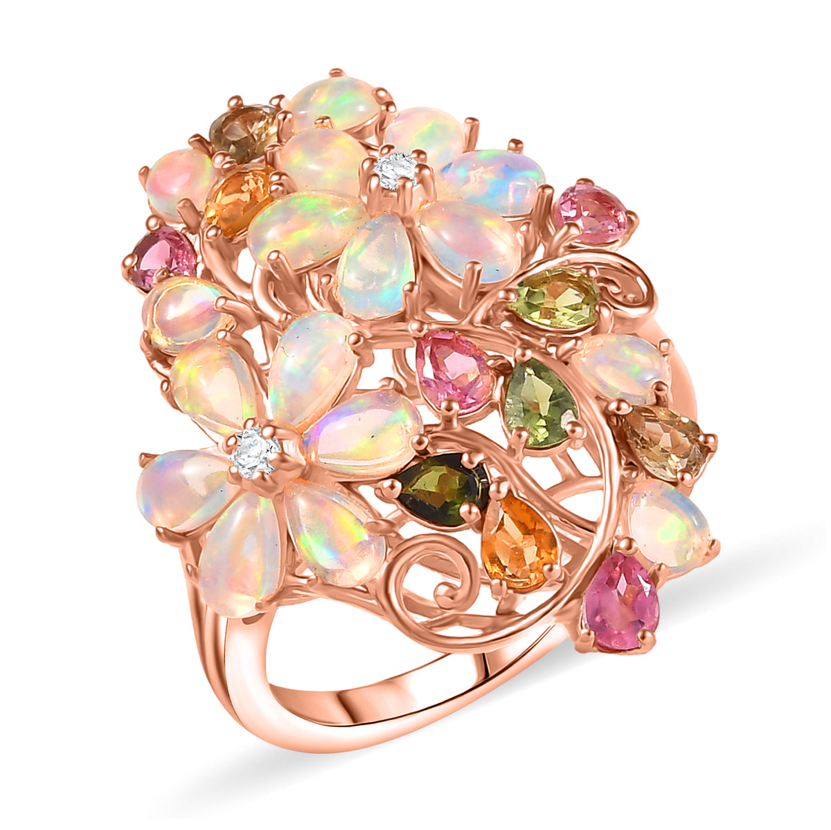 Flora Aurora - D joy Natürlicher, äthiopischer Welo Opal, Mehrfarbiger-Turmalin , 925 Silber 750 Roségold Vermeil (Größe 18.00) ca. 4.07 ct