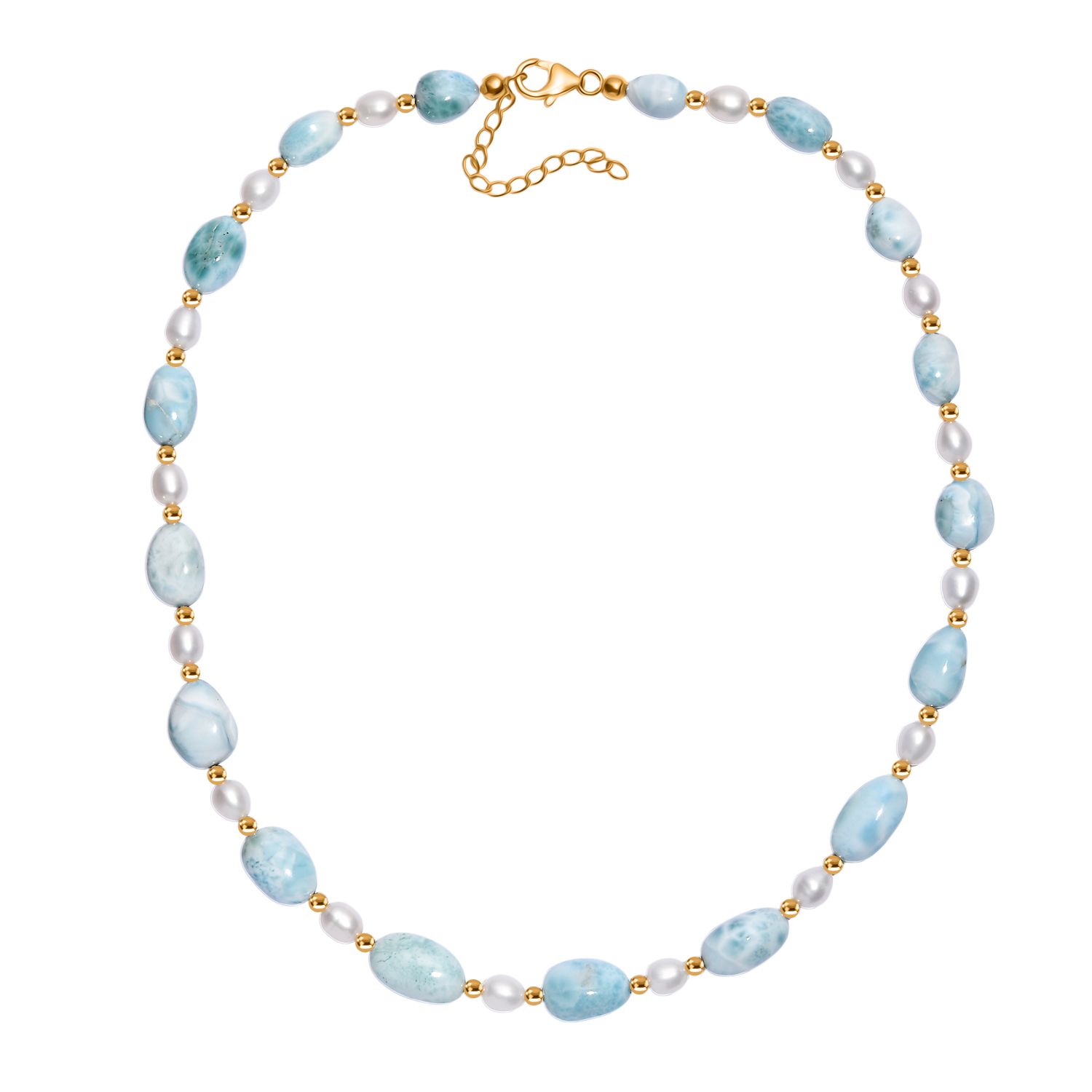 AA Larimar, Süßwasser Perle Halskette ca. 45 cm 925 Silber 750 Gelbgold Vermeil