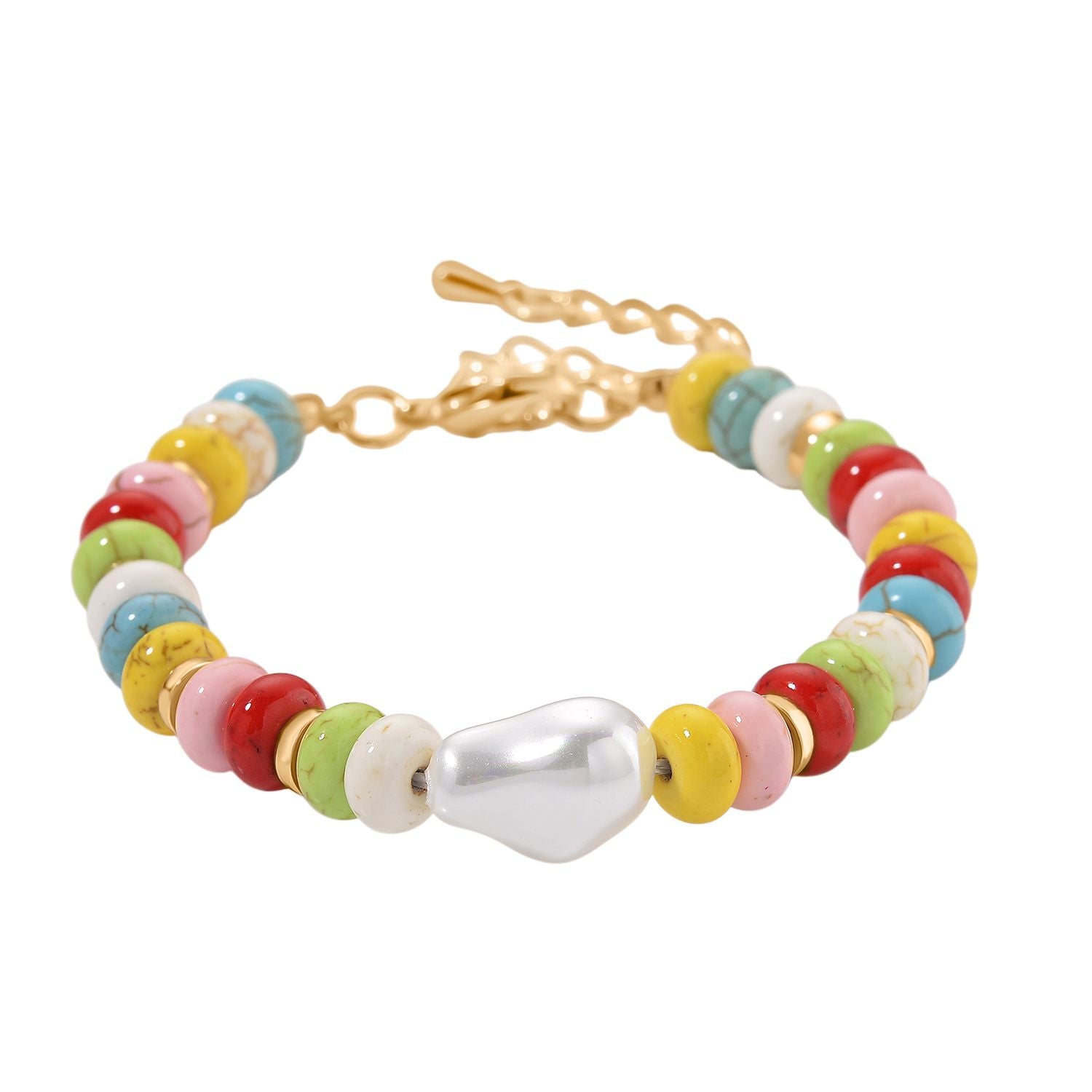 Weiße Muschelkernperle, Howlit Armband, ca. 18 cm + 5 cm Extender, goldfarben