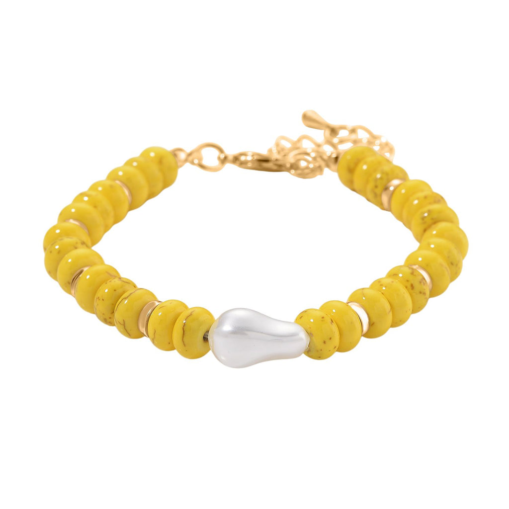 Weiße Muschelkernperle, Gelber Howlit Armband, ca. 18 cm + 5 cm Extender, goldfarben