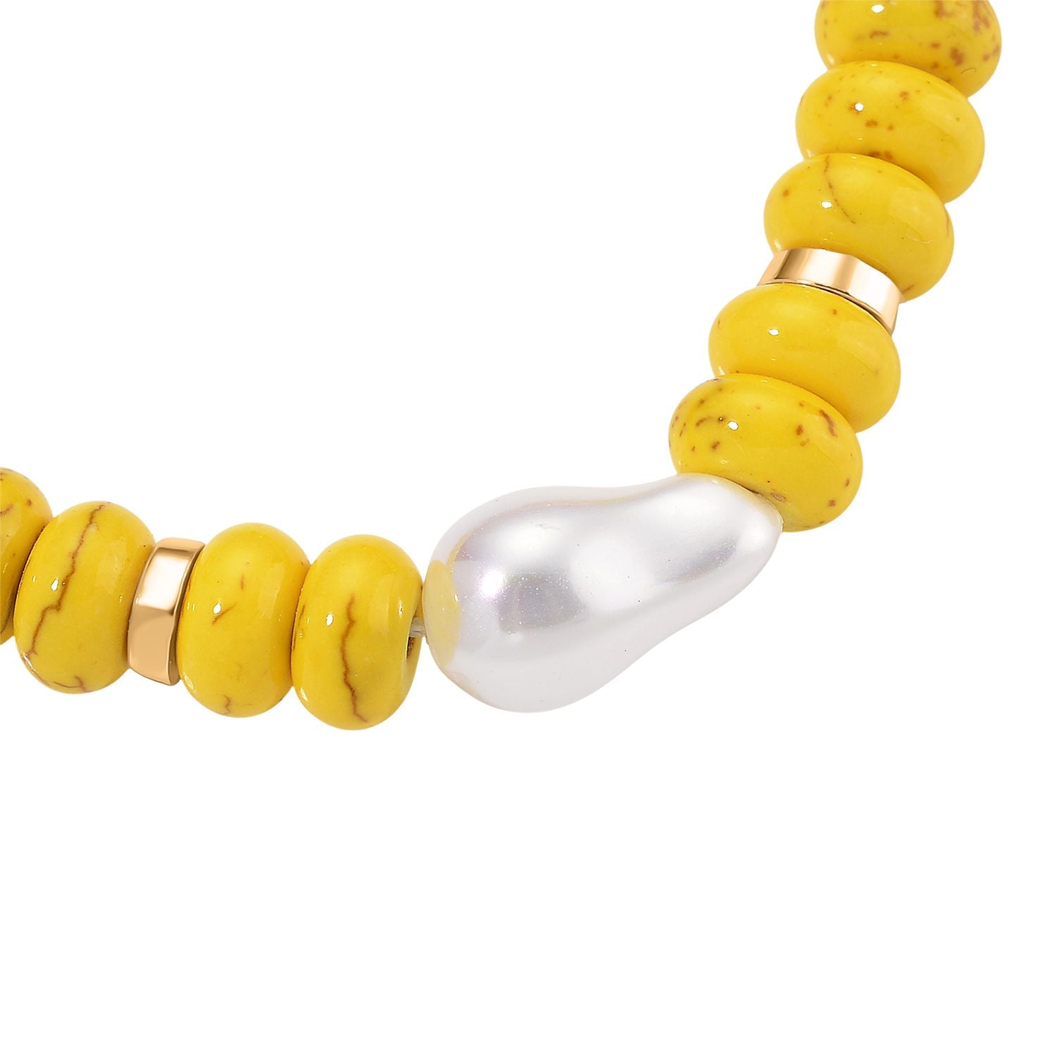 Weiße Muschelkernperle, Gelber Howlit Armband, ca. 18 cm + 5 cm Extender, goldfarben