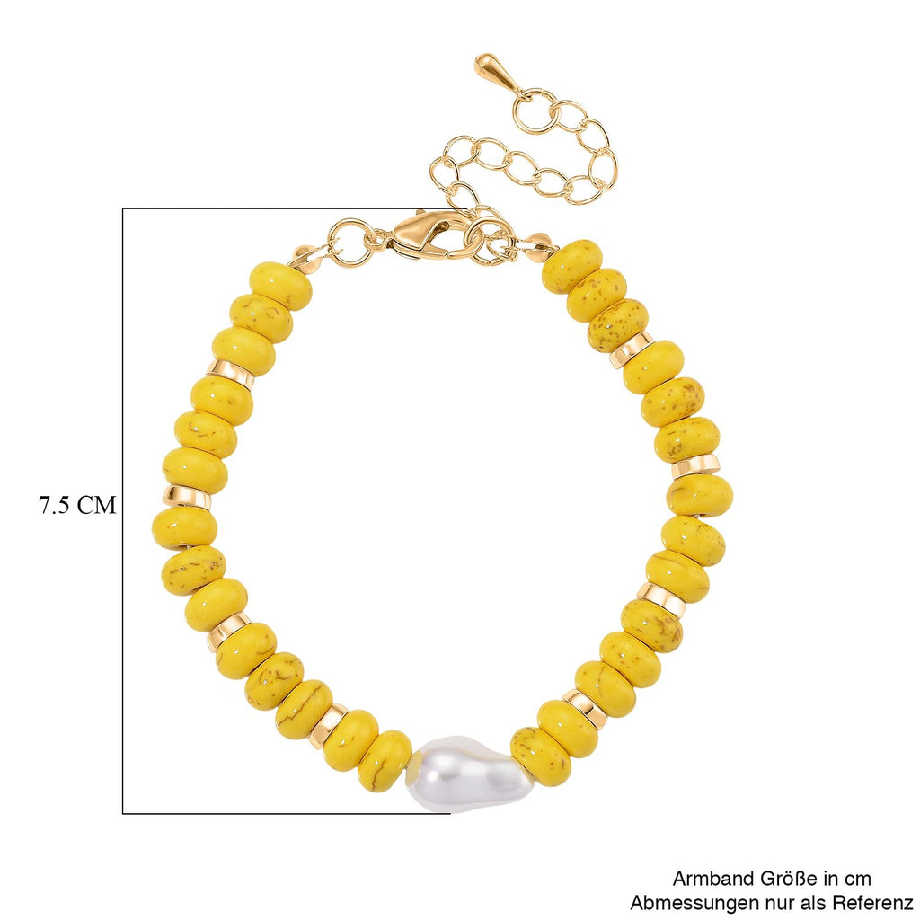 Weiße Muschelkernperle, Gelber Howlit Armband, ca. 18 cm + 5 cm Extender, goldfarben