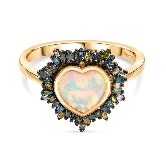 Bloom Heart - D joy Natürlicher, äthiopischer Welo Opal, Blauer Diamant Ring, 925 Silber 750 Gelbgold Vermeil (Größe 21.00) ca. 1.40 ct