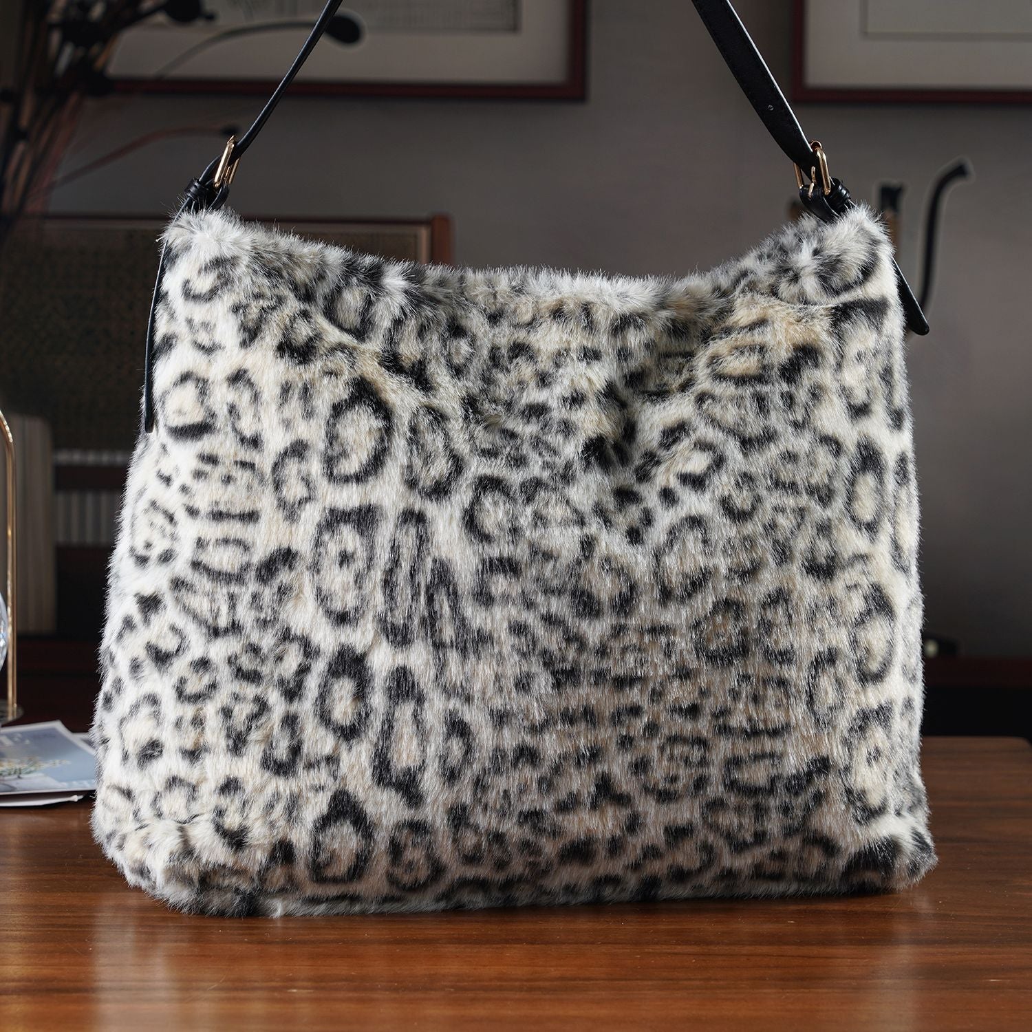 Leopardenmuster-Fellimitat-Tasche, 46x11x35 cm, Beige-Schwarz