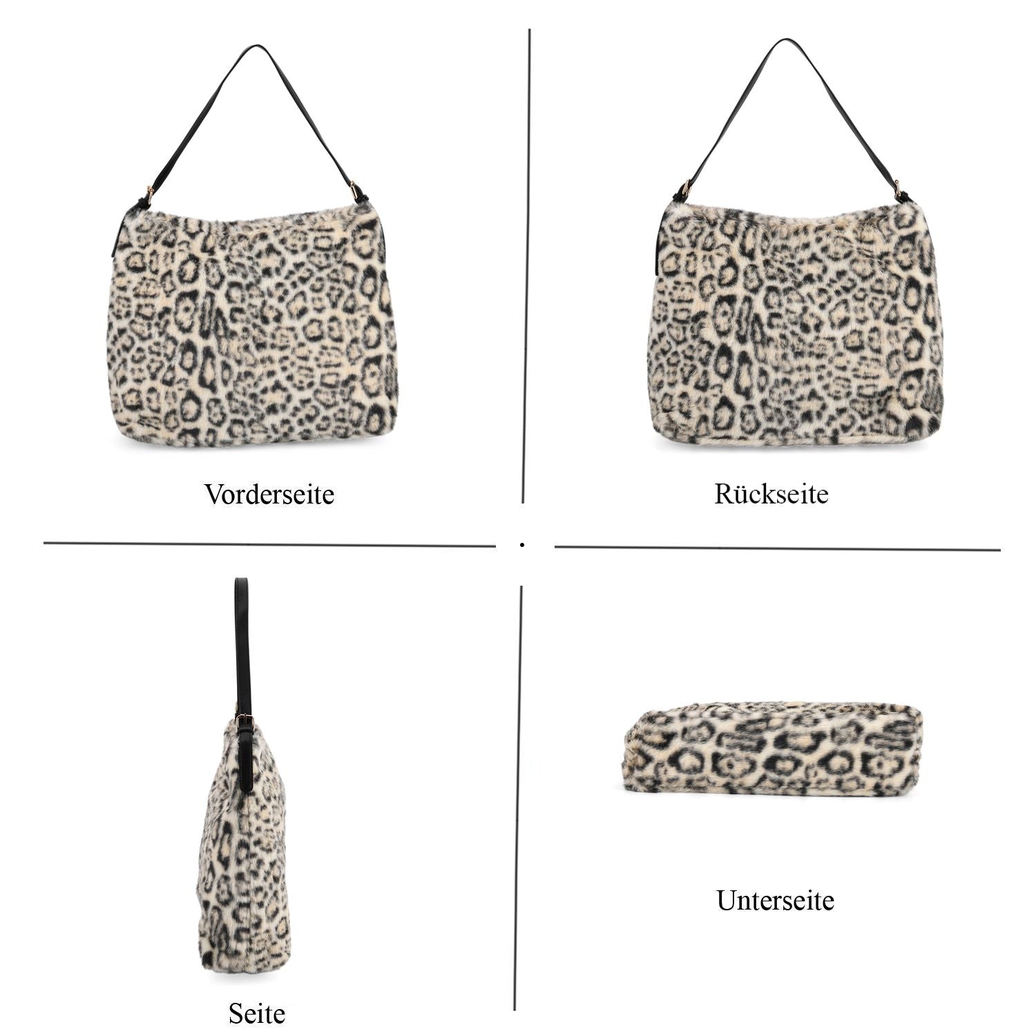 Leopardenmuster-Fellimitat-Tasche, 46x11x35 cm, Beige-Schwarz