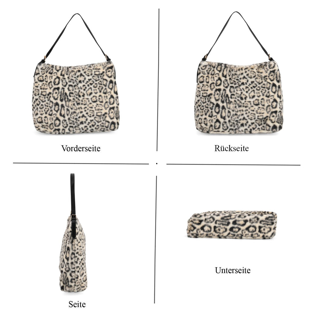 Leopardenmuster-Fellimitat-Tasche, 46x11x35 cm, Beige-Schwarz