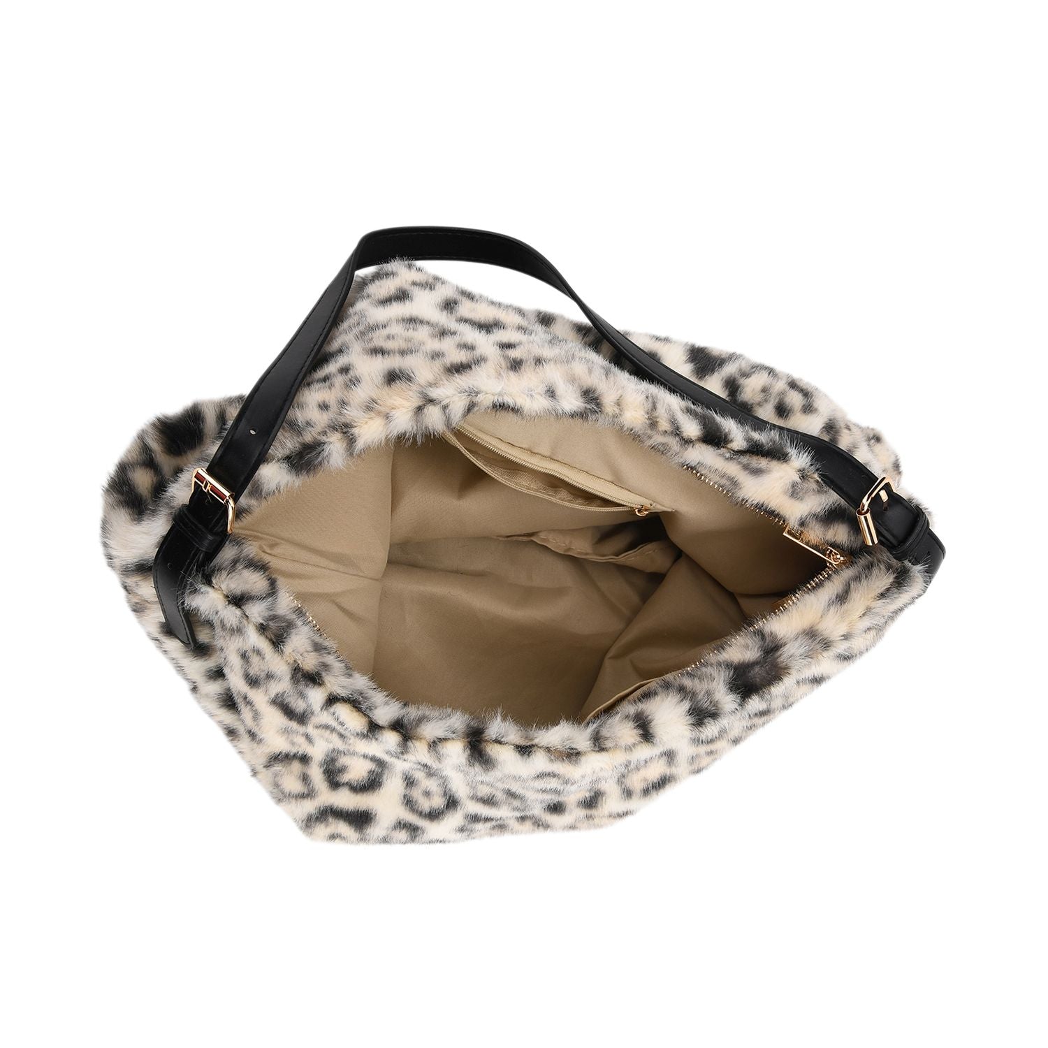 Leopardenmuster-Fellimitat-Tasche, 46x11x35 cm, Beige-Schwarz