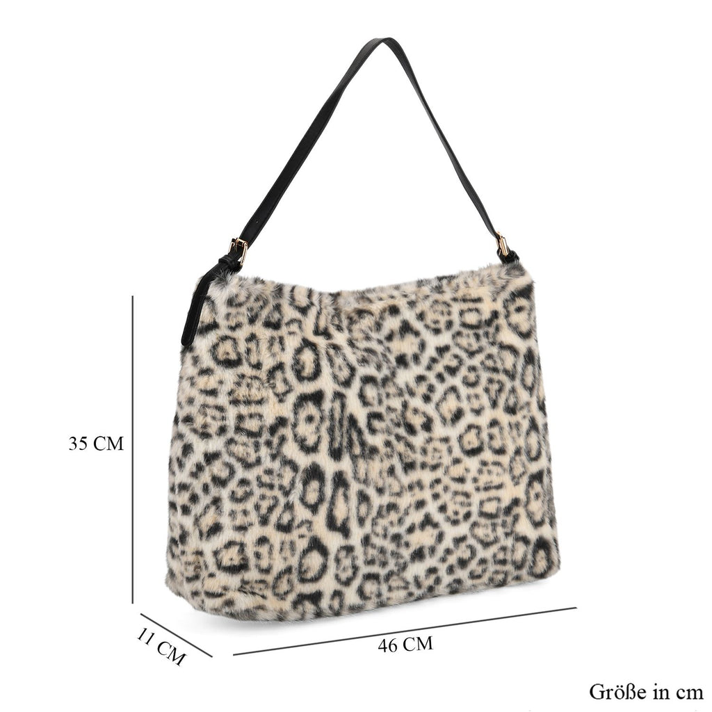 Leopardenmuster-Fellimitat-Tasche, 46x11x35 cm, Beige-Schwarz