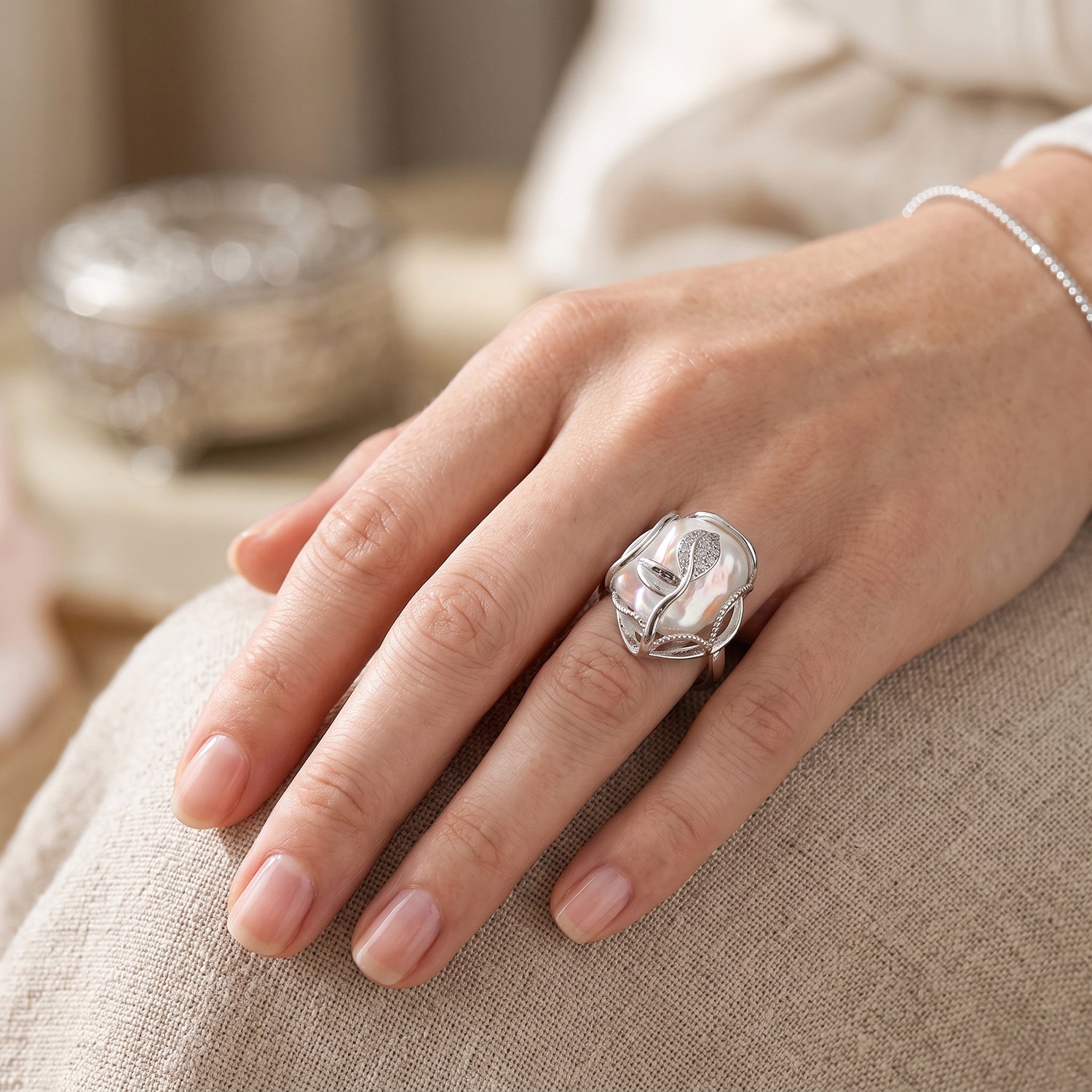 Weiße Süßwasser Perle, Weißer Zirkonia Ring Nickelfreies Messing Flexibles cm