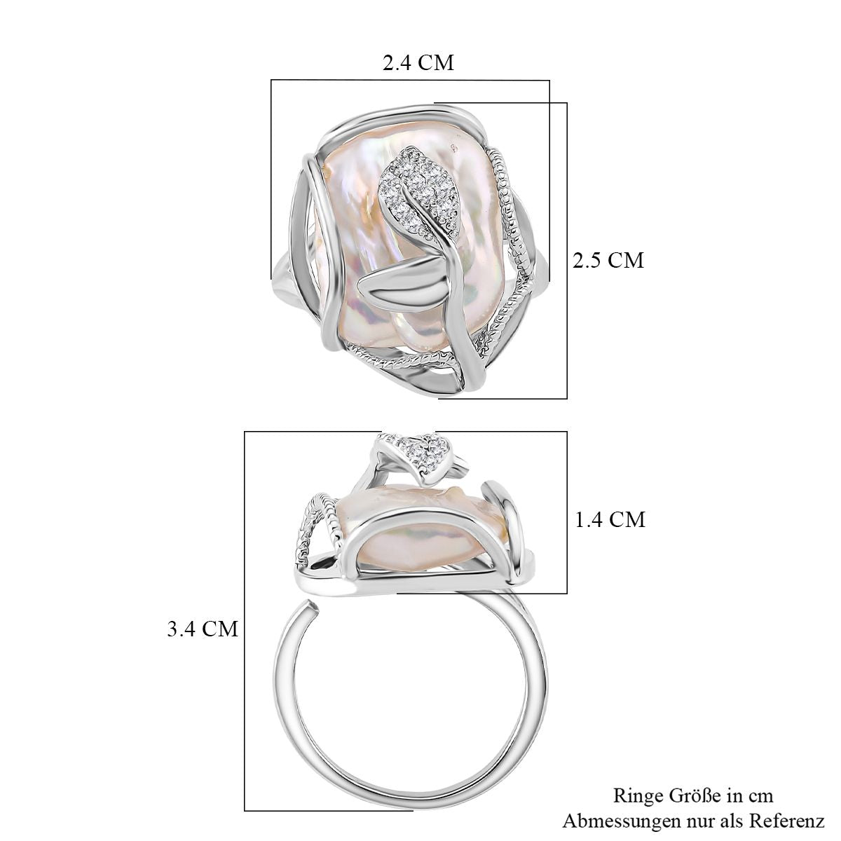 Weiße Süßwasser Perle, Weißer Zirkonia Ring Nickelfreies Messing Flexibles cm