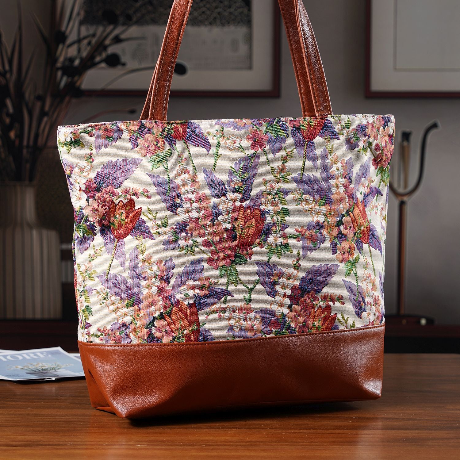 Schultertasche mit Blumenprint, ca. 35.5 x 12 x 36 cm, Mehrfarbig