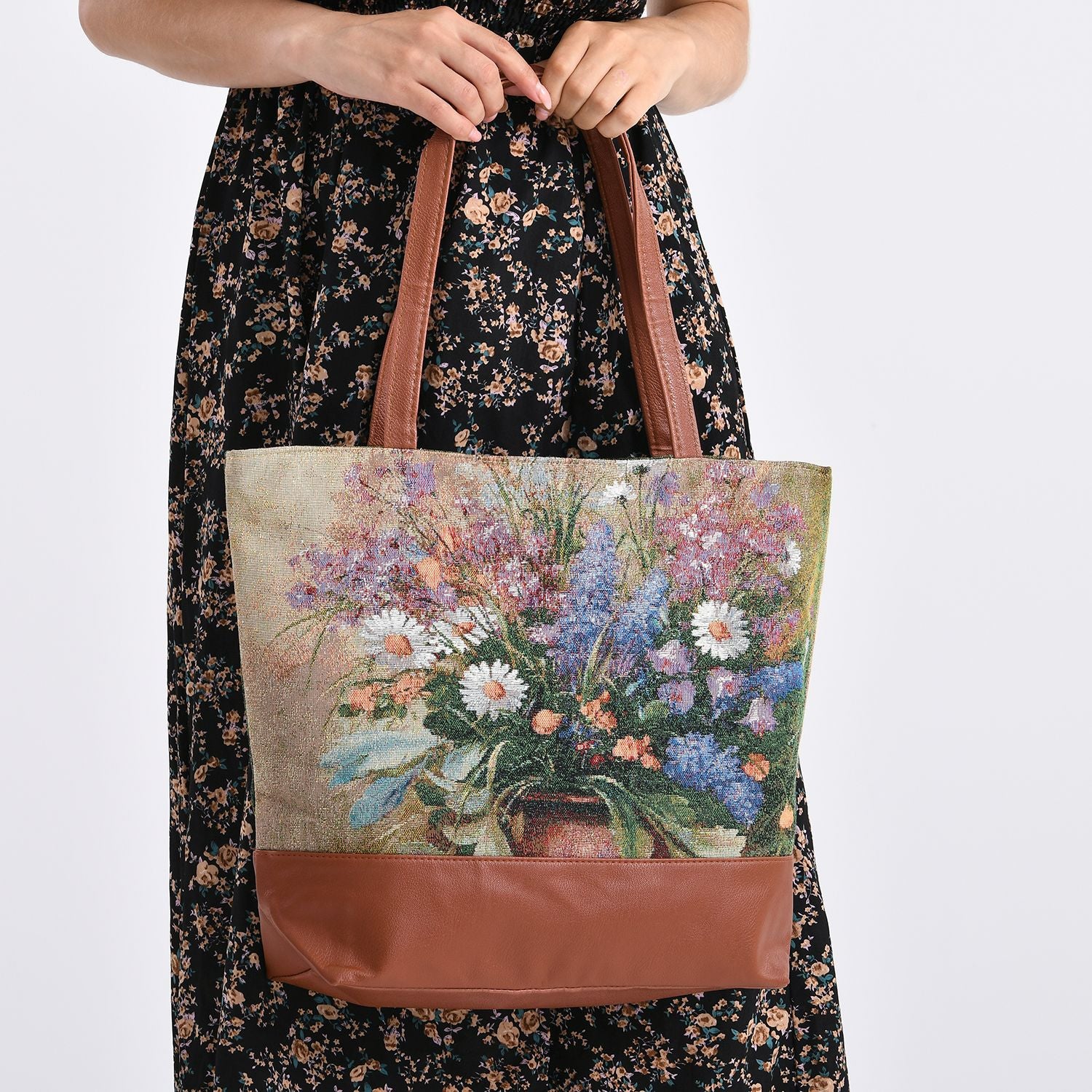 Schultertasche mit Blumenmuster, ca. 35.5 x 12 x 36 cm, Beige