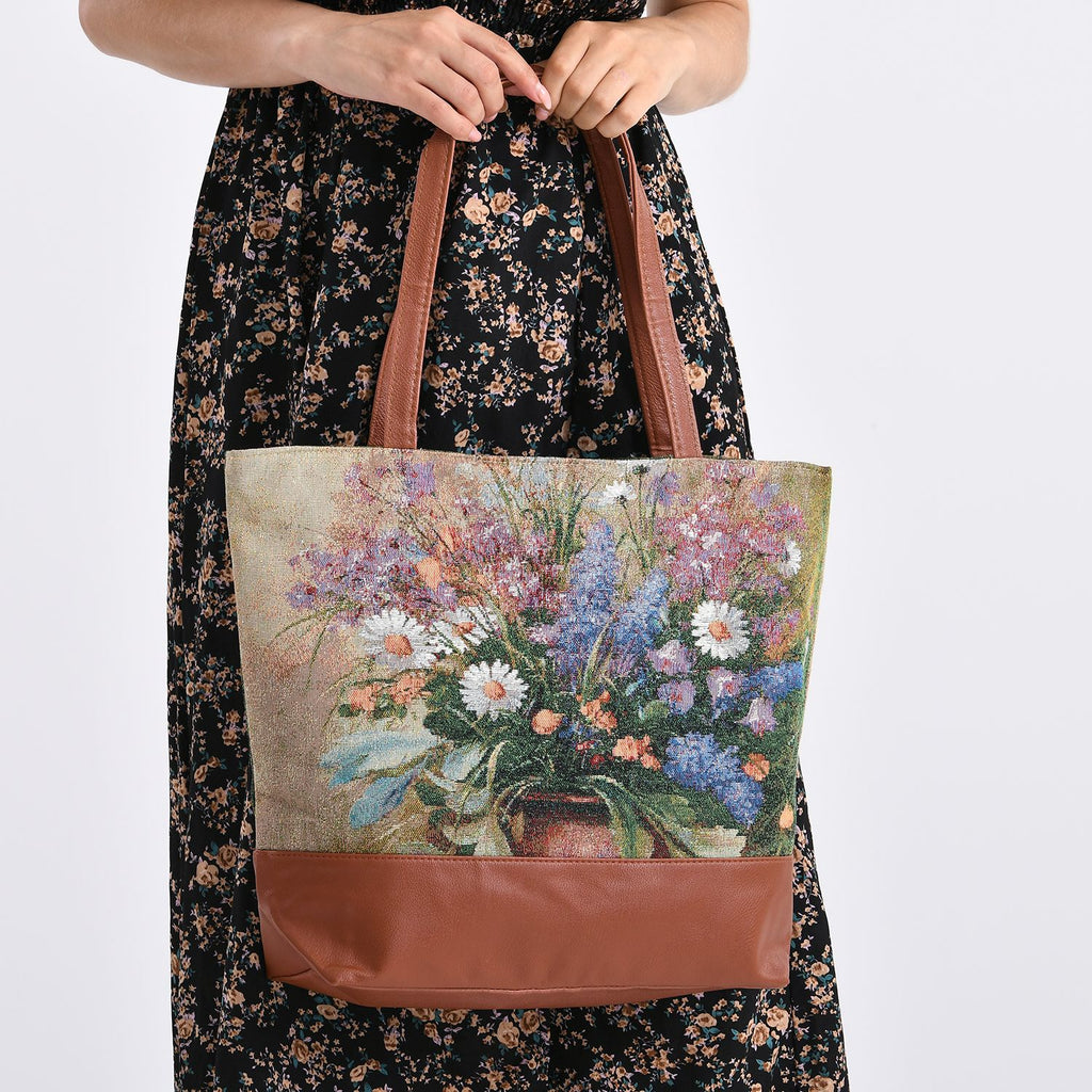 Schultertasche mit Blumenmuster, ca. 35.5 x 12 x 36 cm, Beige