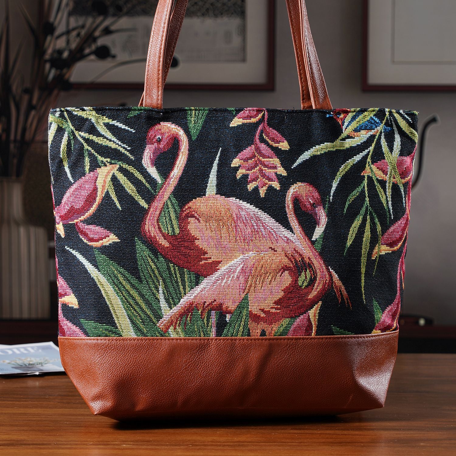 Schultertasche mit Blumenprint, ca. 35.5 x 12 x 36 cm, Lila-Grün