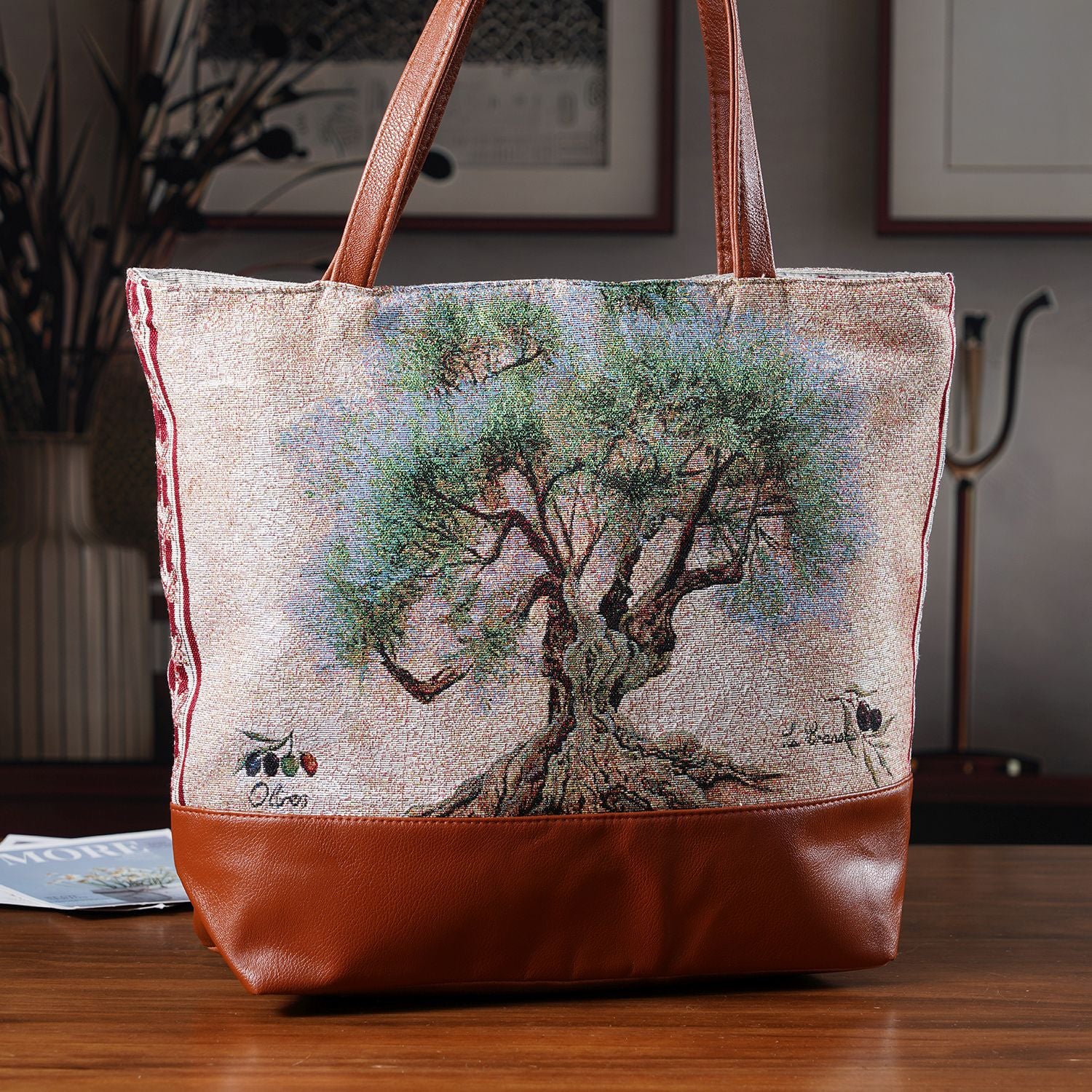 Schultertasche mit Baum-Motiv, ca. 35.5 x 12 x 36 cm, Grün