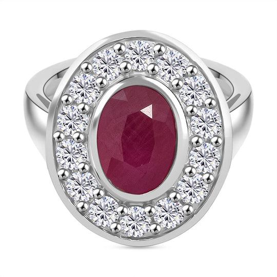 Natürlicher burmesischer Rubin, Weißer Zirkon Ring 925 Silber rhodiniert (Größe 19.00) ca. 1.32 ct