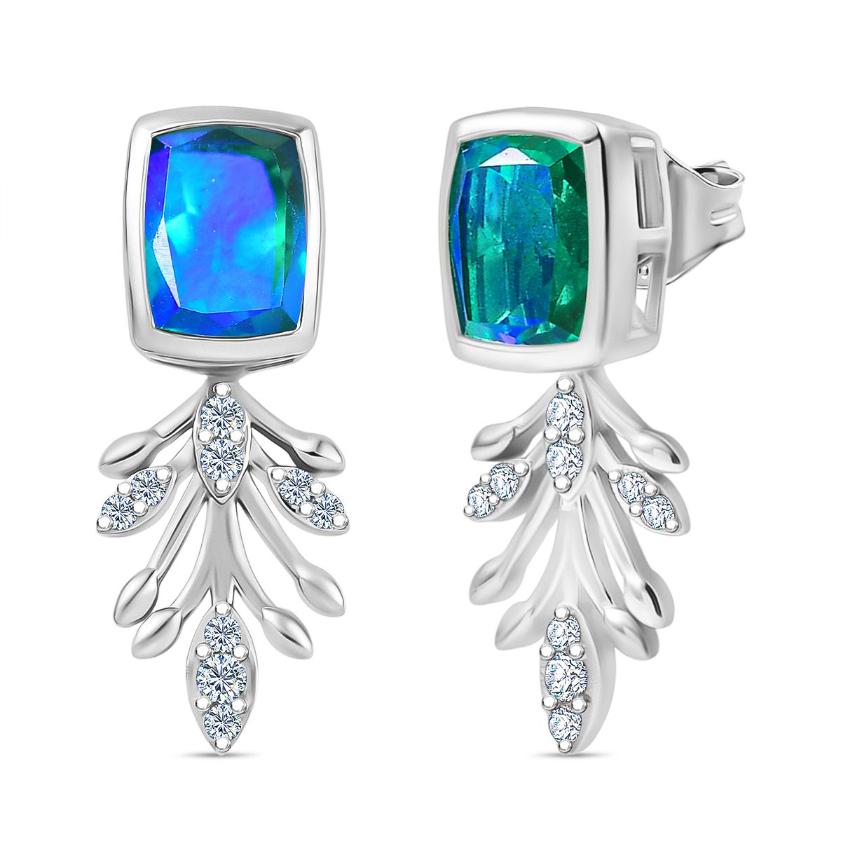 Pfau Quarz Triplette, Weißer Zirkon Ohrringe 925 Silber rhodiniert ca. 3.49 ct