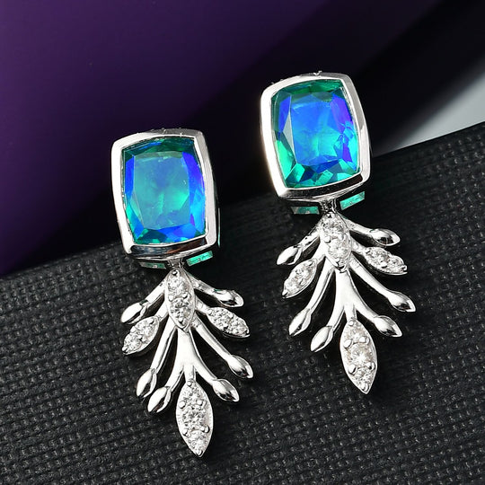 Pfau Quarz Triplette, Weißer Zirkon Ohrringe 925 Silber rhodiniert ca. 3.49 ct