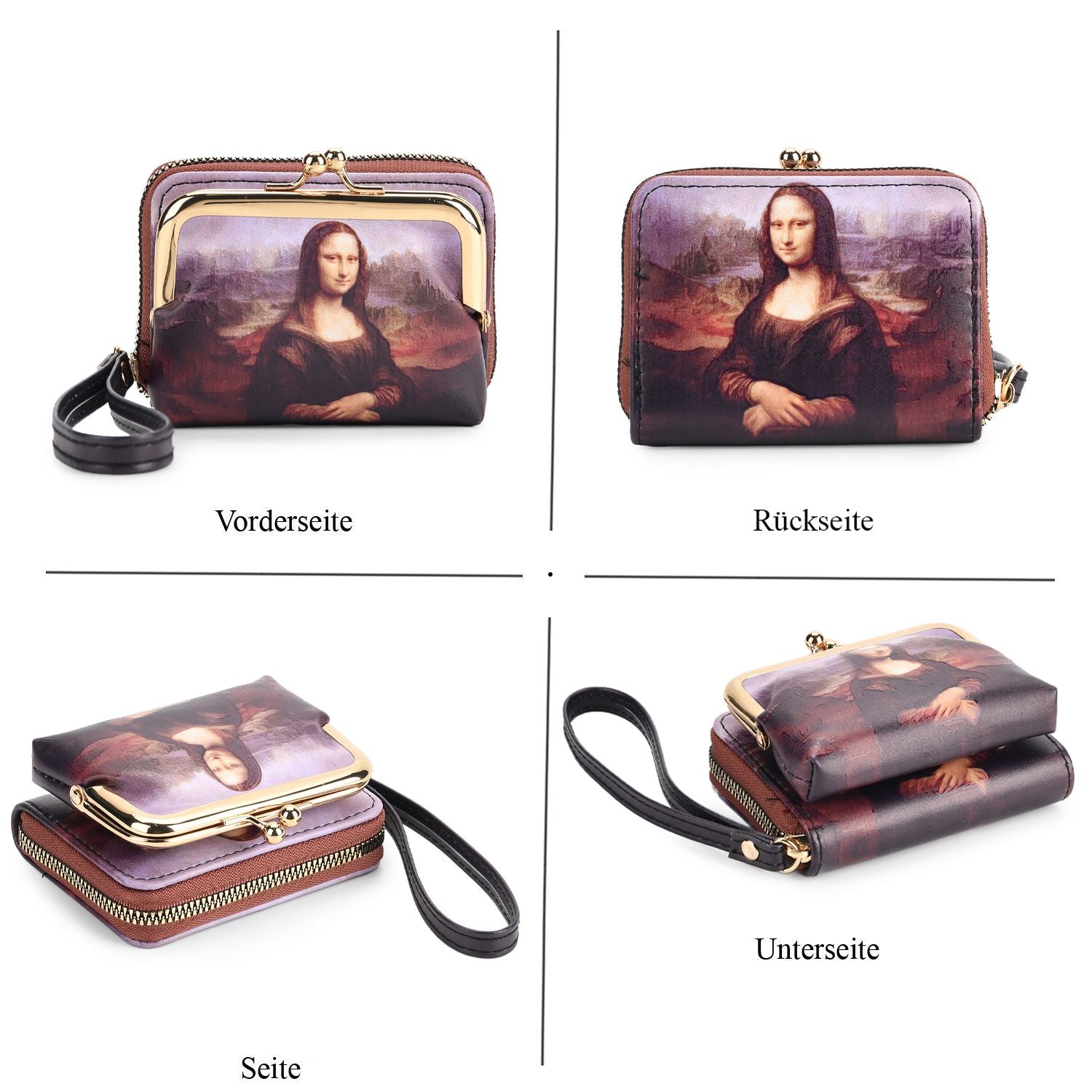 2-in-1-Geldbörse mit Mona-Lisa-Motiv, 11x5x8 cm, Braun