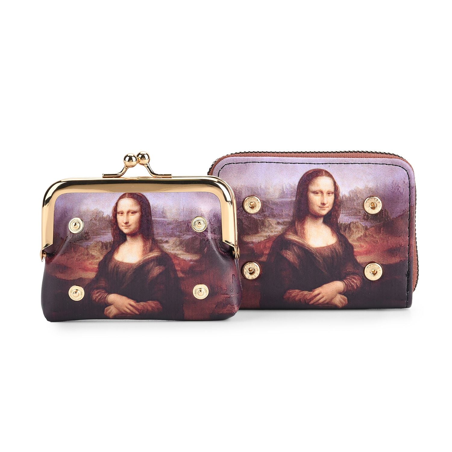 2-in-1-Geldbörse mit Mona-Lisa-Motiv, 11x5x8 cm, Braun