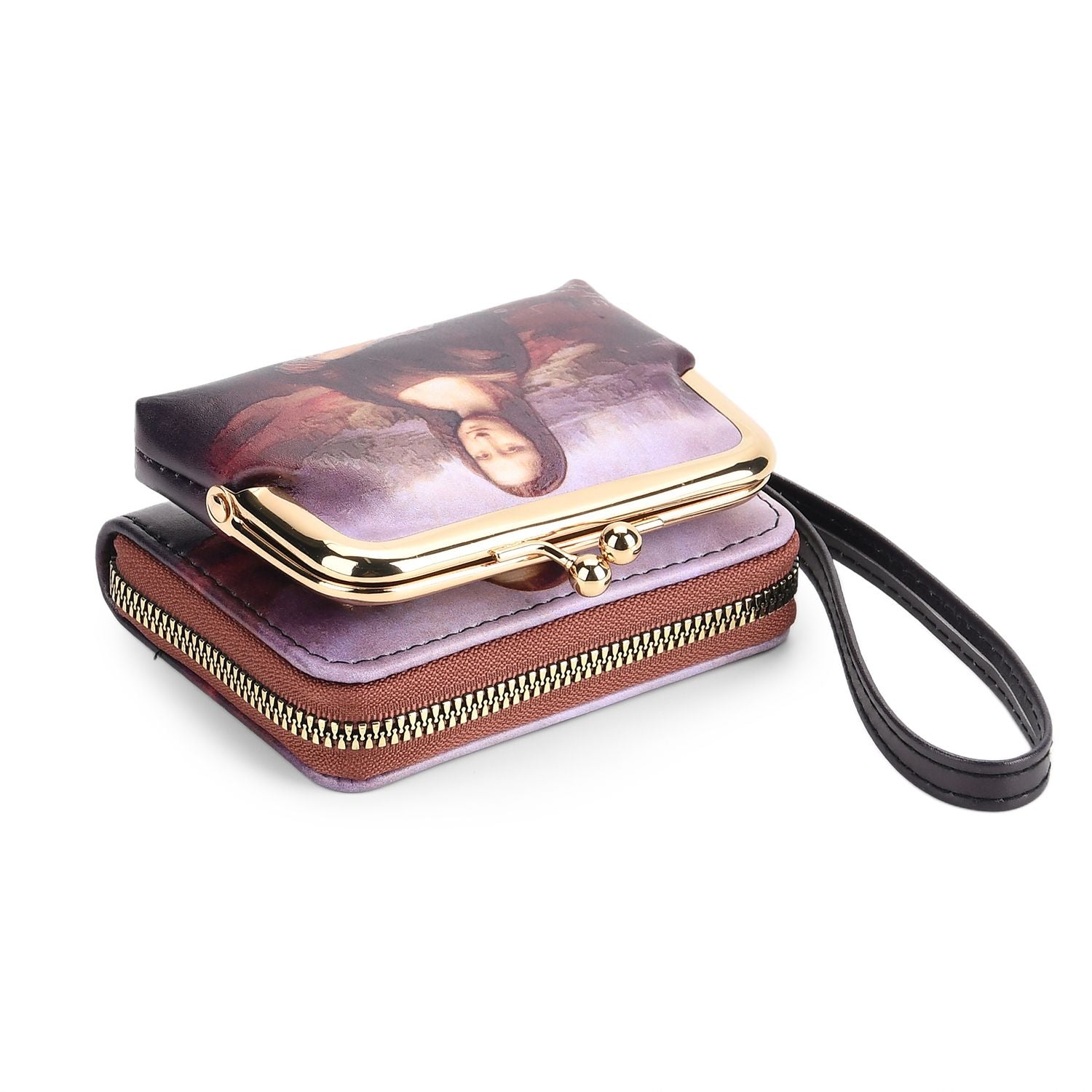 2-in-1-Geldbörse mit Mona-Lisa-Motiv, 11x5x8 cm, Braun