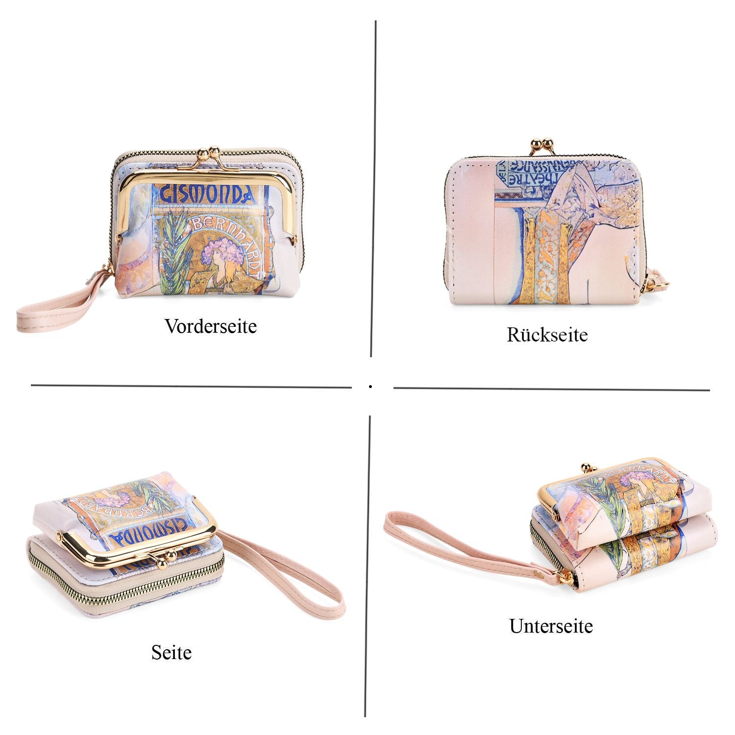 2-in-1-Geldbörse mit Gismonda-Motiv, 11x5x8 cm, Beige