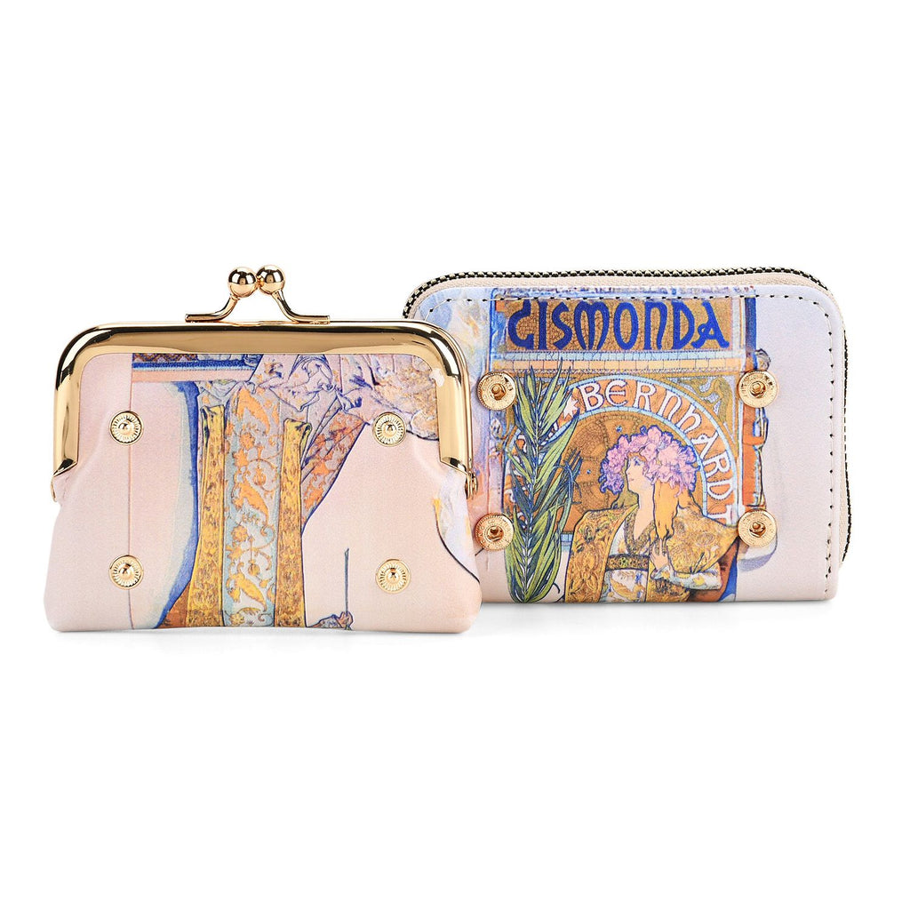 2-in-1-Geldbörse mit Gismonda-Motiv, 11x5x8 cm, Beige