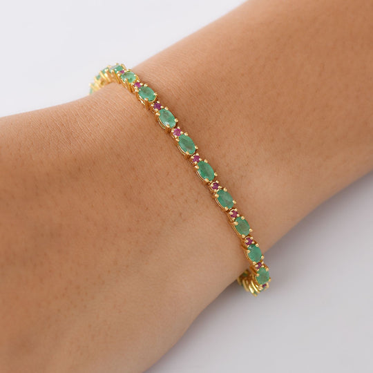 Smaragd, Natürlicher Mosambik-Rubin Armband ca. 20 cm 925 Silber 750 Gelbgold Vermeil ca. 7,18 ct.
