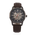 GENOA TIME V2 Automatikuhr mit mechanischem Automatikwerk, Zifferblatt Schwarz mit Sonnenschliff und offenem Design, Kaffeebraun Lederarmband 3 ATM wasserdicht