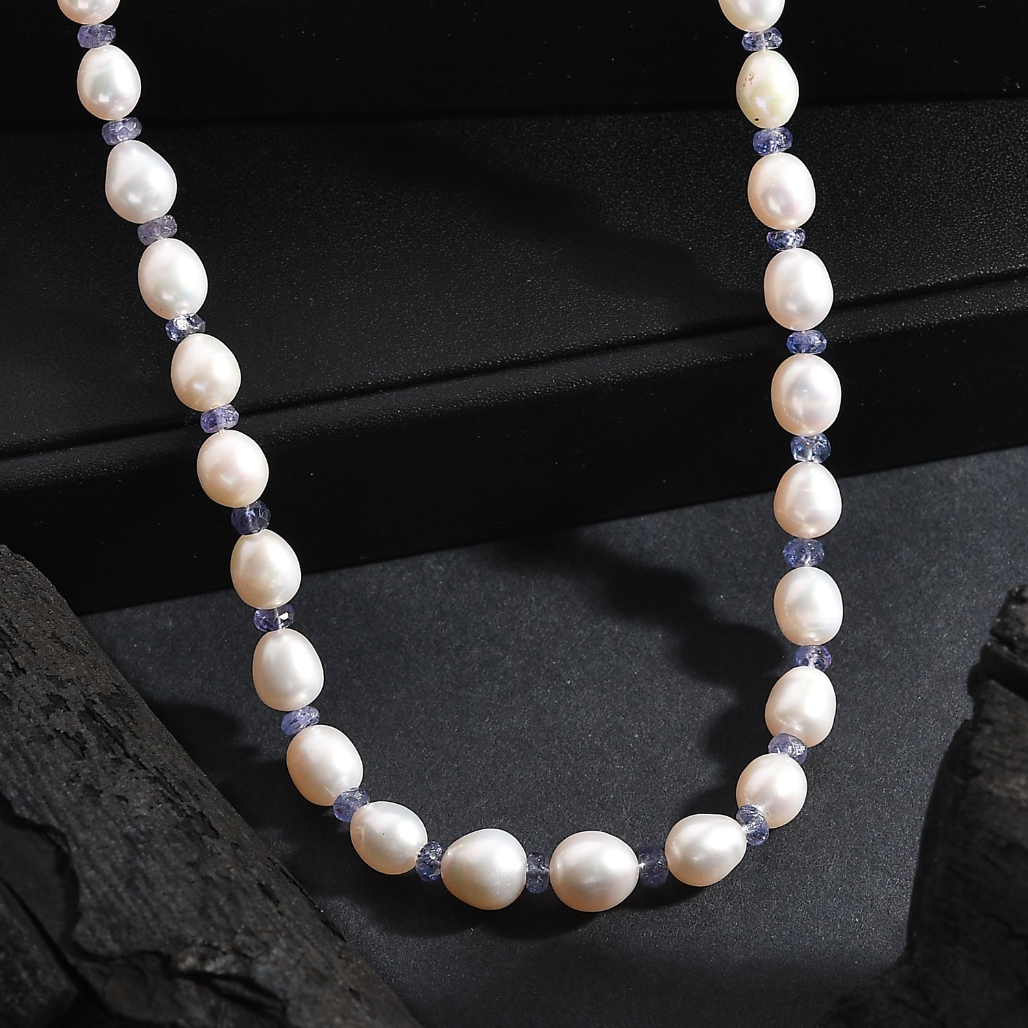 AA weiße Süßwasser Perle und Tansanit Halskette, 45+5cm, 925 Silber rhodiniert