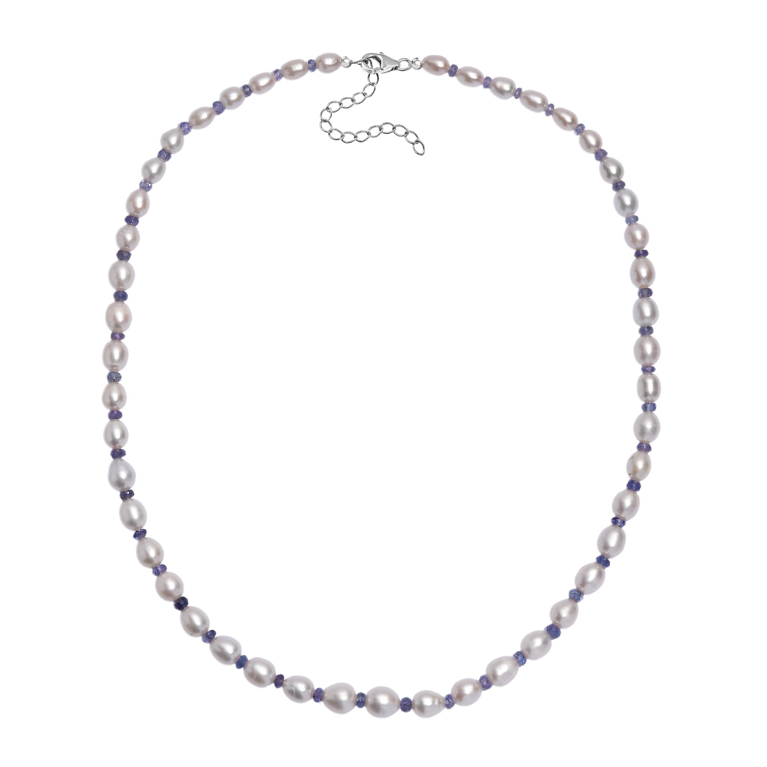 AA weiße Süßwasser Perle und Tansanit Halskette, 45+5cm, 925 Silber rhodiniert