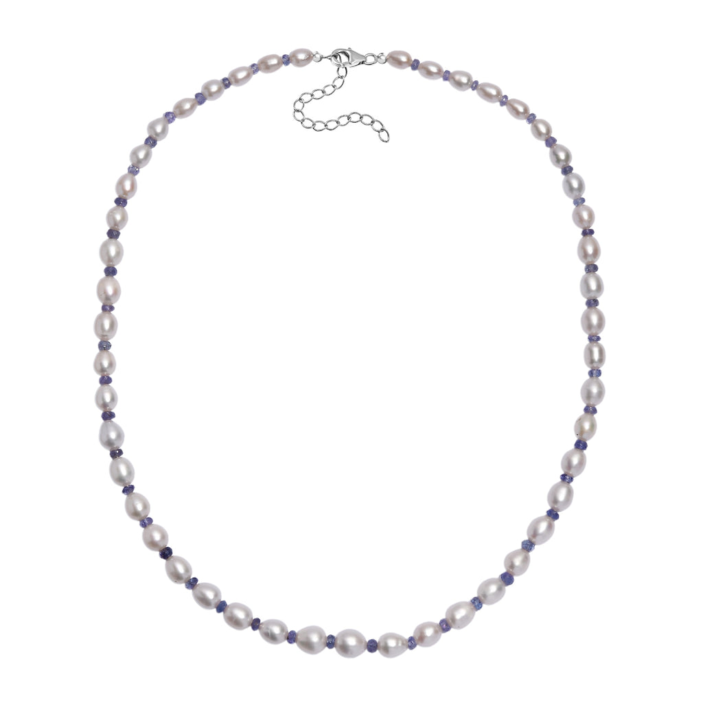 AA Weiße Süßwasser Perle, Tansanit Halskette ca. 45 cm+ 5cm extender, 925 Silber rhodiniert