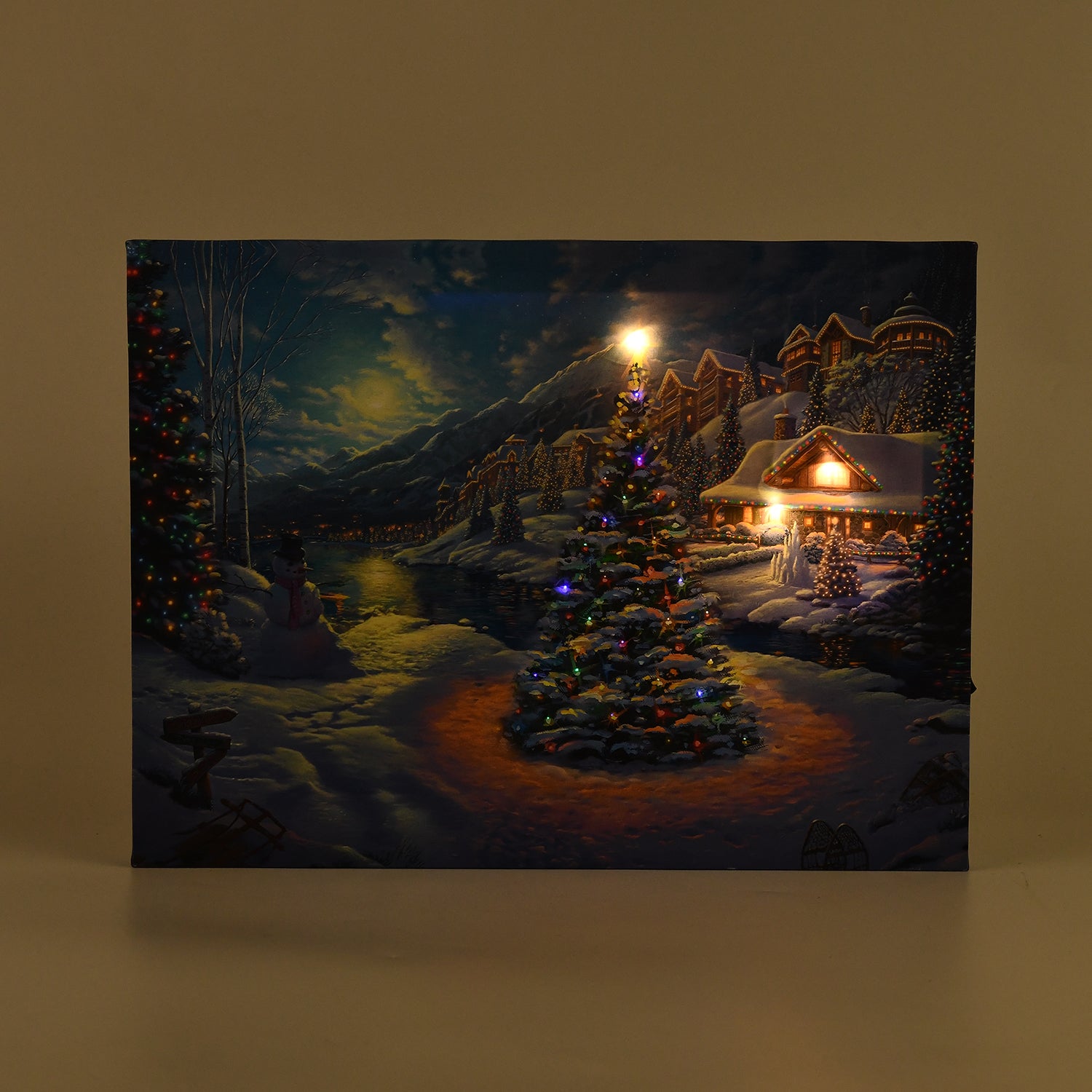 LED-Leinwandbild Weihnachtsbaum am See, mit 3 warmweißen LEDs und 30 Lichtfasern, Größe 30x40x1,8 cm