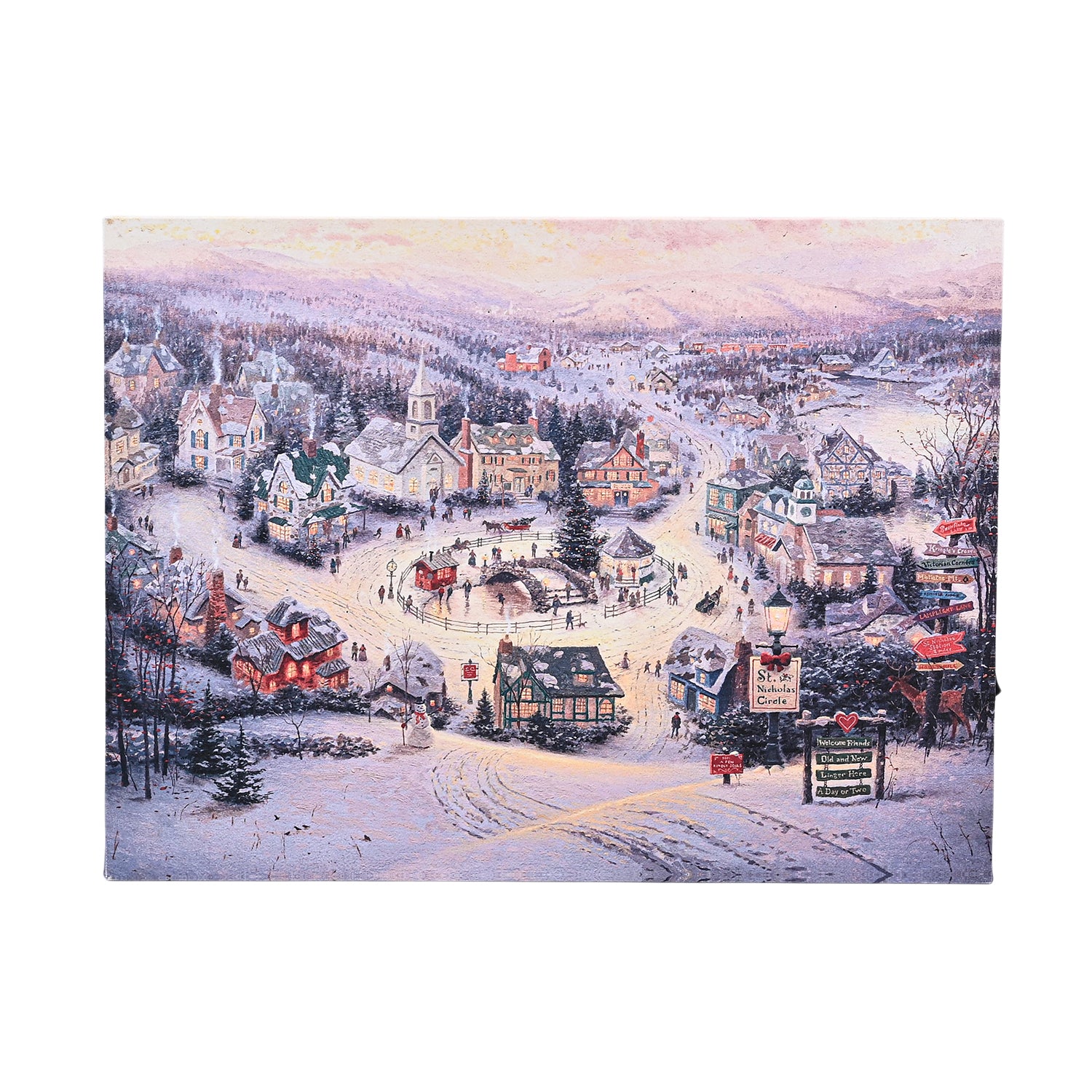 LED-Leinwandbild Festliches Winterdorf, mit 10 warmweißen LEDs und 30 Lichtfasern, Größe 30x40x1,8 cm