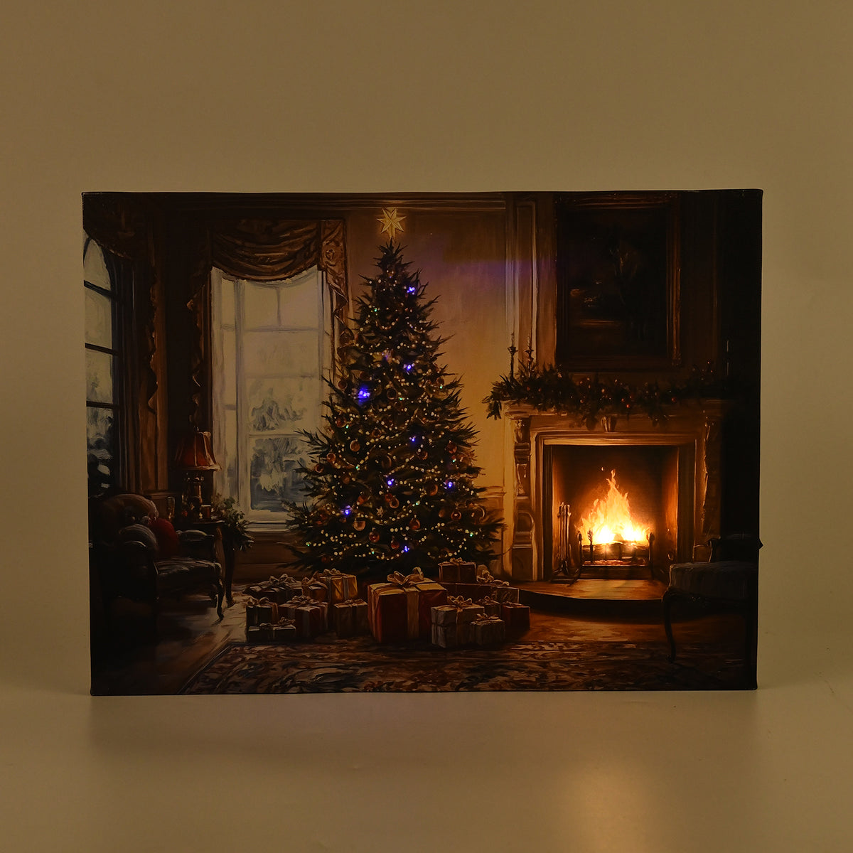 LED-Leinwandbild Gemütliche Weihnachtsstube mit Kamin, mit 3 warmweißen LEDs und 30 Lichtfasern, Größe 30x40x1,8 cm