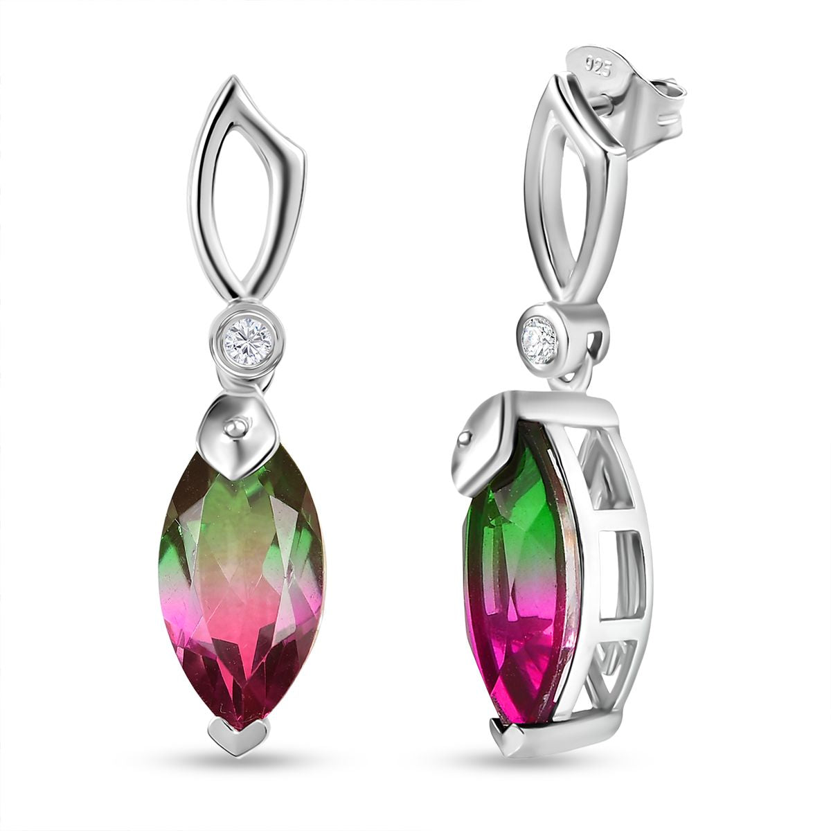 Dewleaf Drop - D joy Wassermelonen Quarz Triplette, Weißer Zirkon Ohrringe 925 Silber rhodiniert ca. 5.78 ct