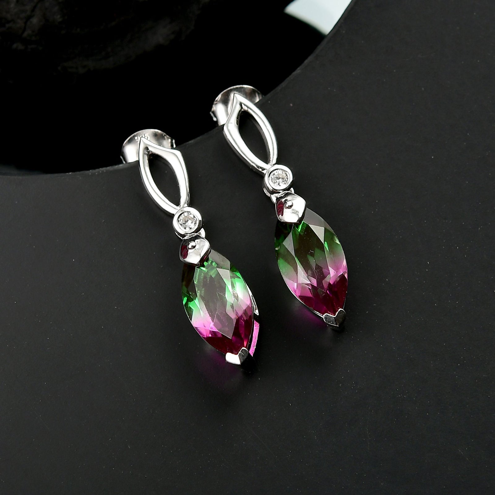 Dewleaf Drop - D joy Wassermelonen Quarz Triplette, Weißer Zirkon Ohrringe 925 Silber rhodiniert ca. 5.78 ct