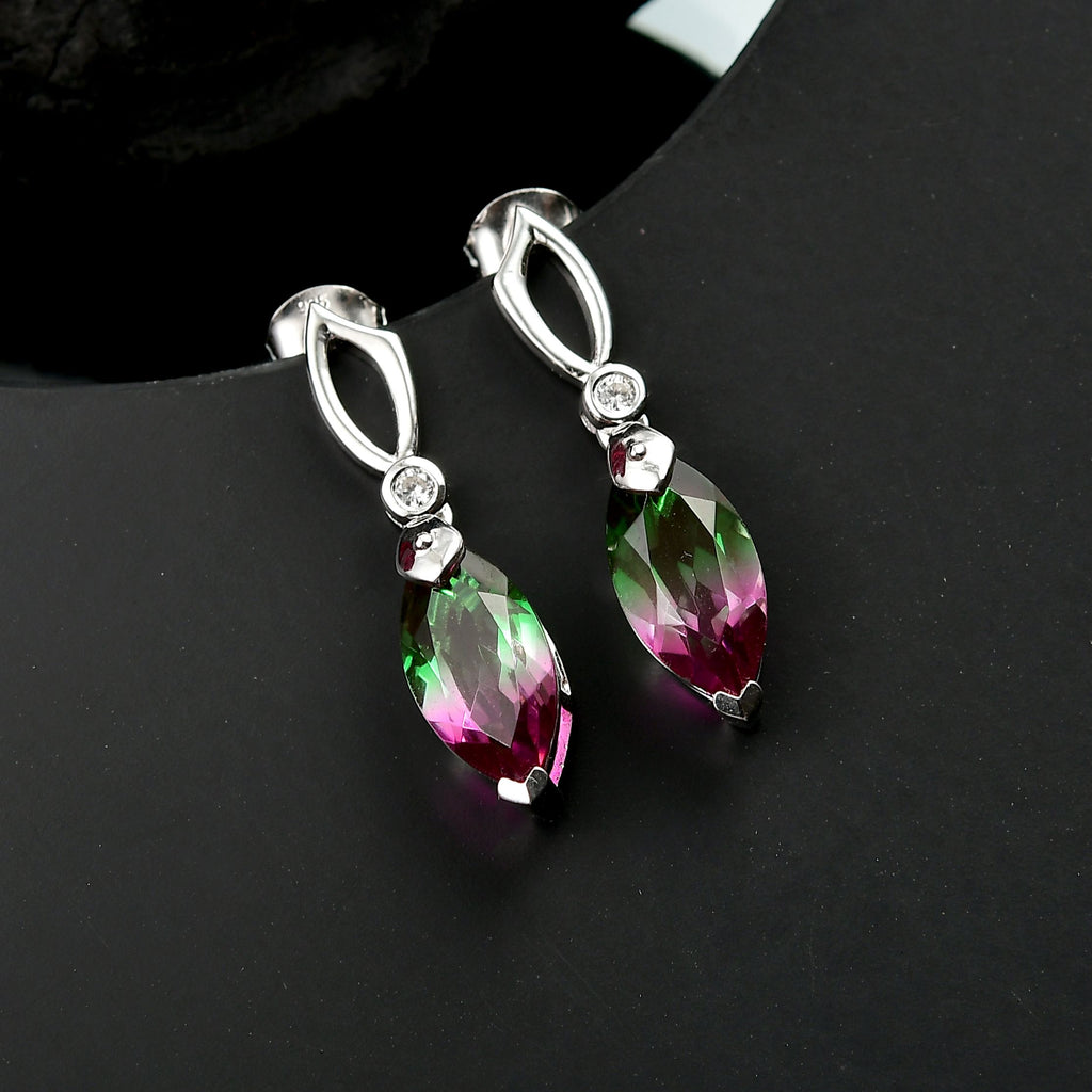 Dewleaf Drop - D joy Wassermelonen Quarz Triplette, Weißer Zirkon Ohrringe 925 Silber rhodiniert ca. 5.78 ct