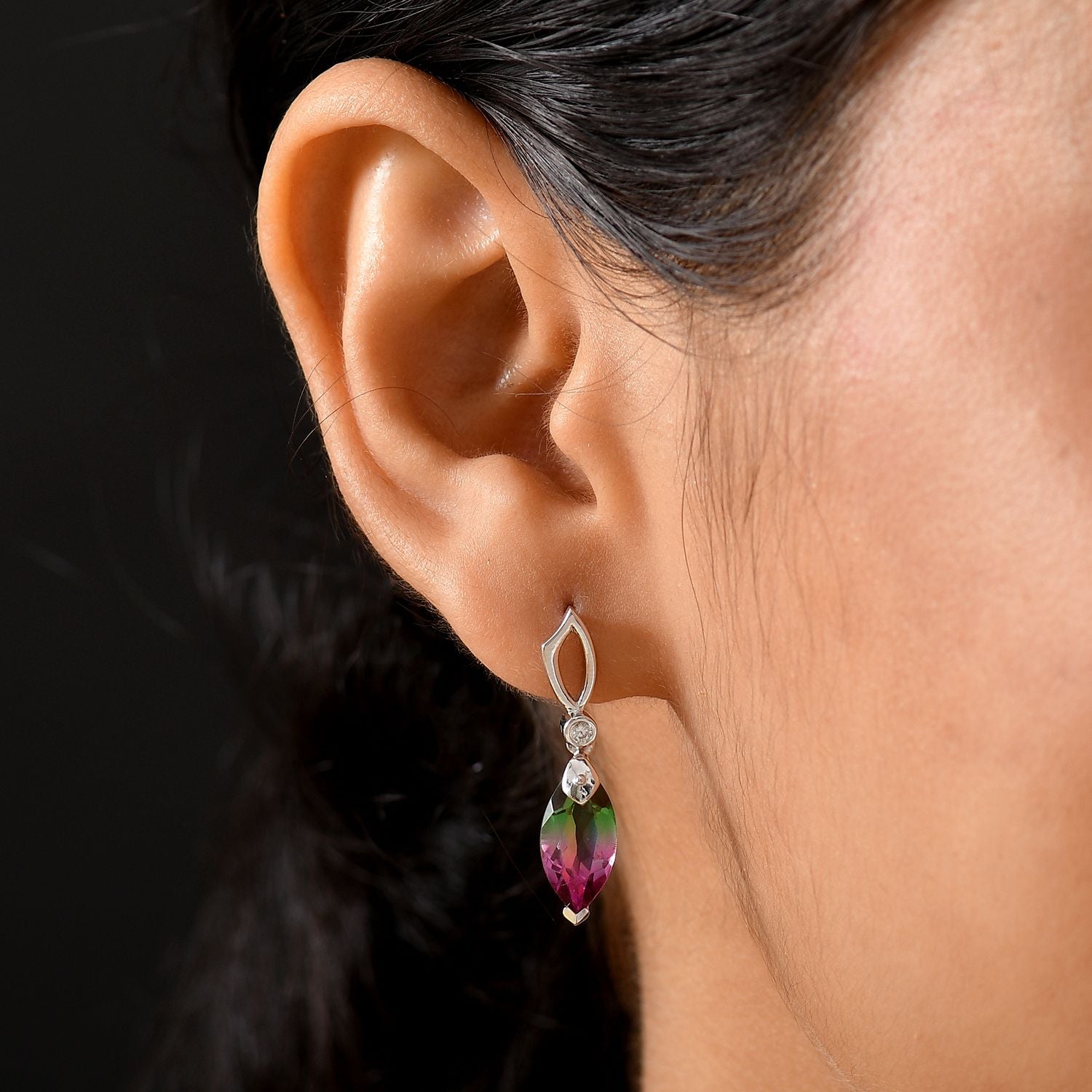 Dewleaf Drop - D joy Wassermelonen Quarz Triplette, Weißer Zirkon Ohrringe 925 Silber rhodiniert ca. 5.78 ct