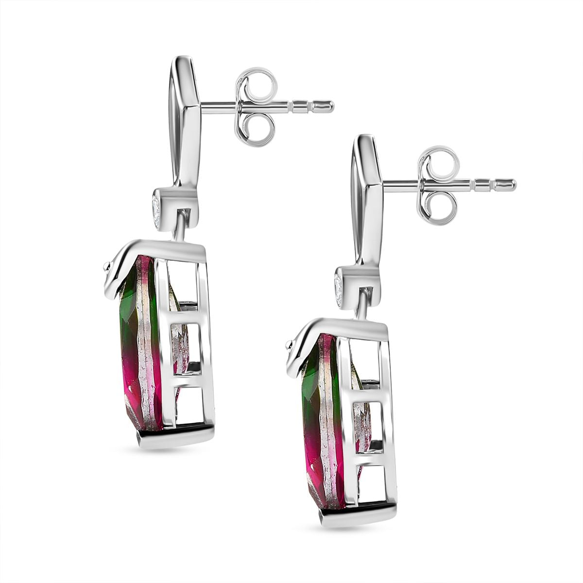Dewleaf Drop - D joy Wassermelonen Quarz Triplette, Weißer Zirkon Ohrringe 925 Silber rhodiniert ca. 5.78 ct