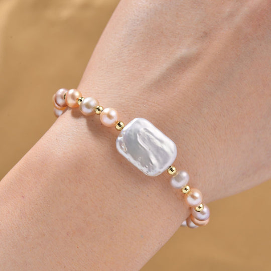 Weißes Keshi Perle und mehrfarbiges Süßwasser Perle 16,5+5cm Armband, Messing