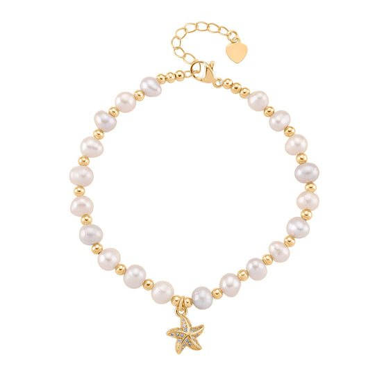 Mehrfarbiges Süßwasser Perle (4-5mm) und Zirkonia Armband mit Seestern-Anhänger, 19+5cm, Messing