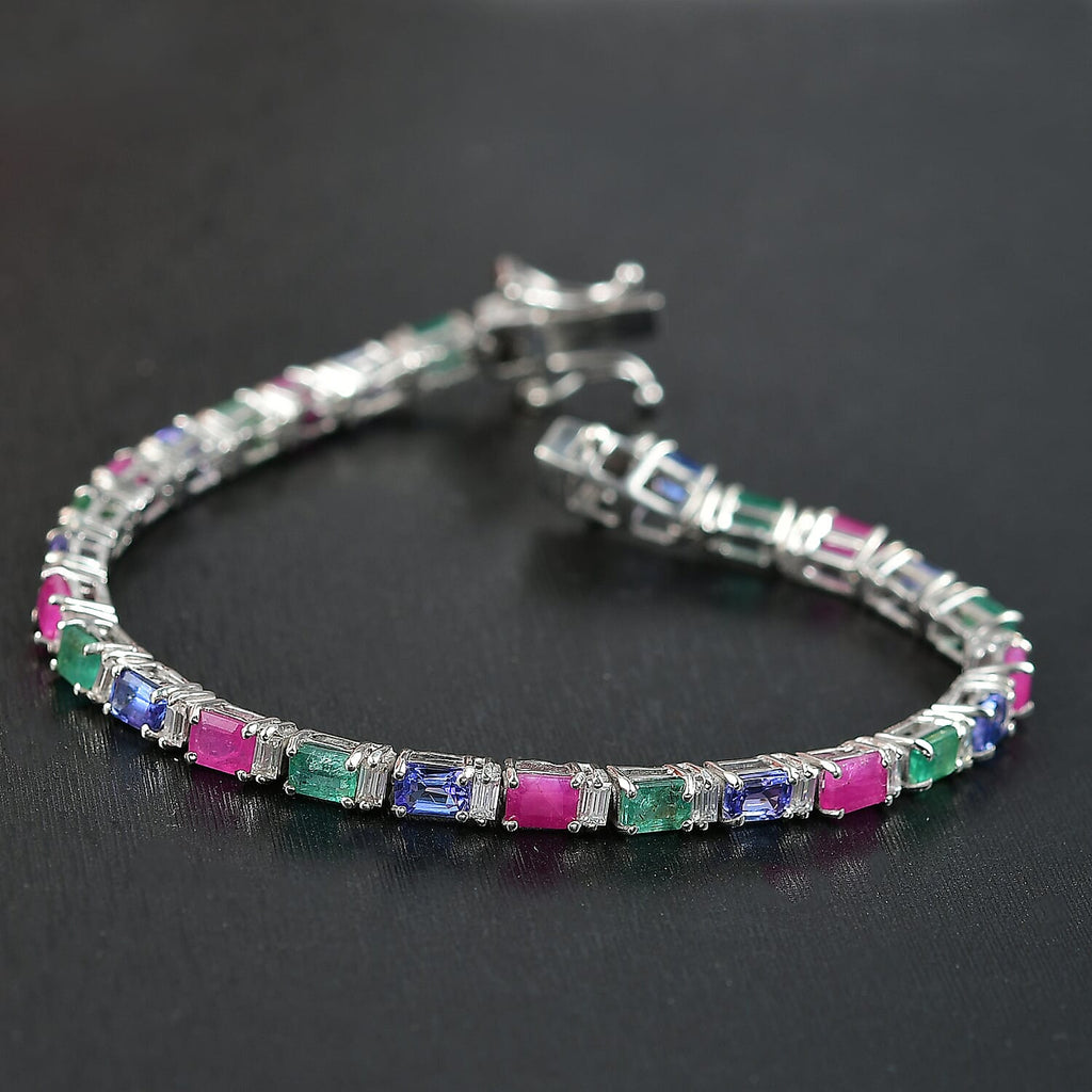 D'Joy AA Tansanit,Kagem Sambischer Smaragd und Moissanit Armband ca. 16.5 cm 925 Silber rhodiniert ca. 5.77 ct