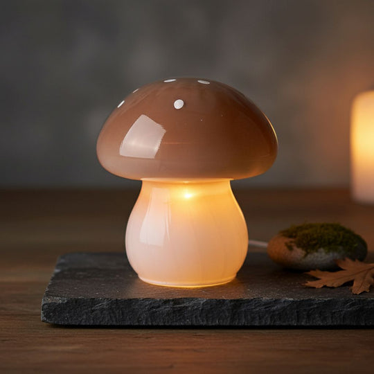 LIVMORE - Glas Nachtlicht in Pilzform mit LED Lichterkette,13.5 x 13.5 x 15.5 cm, Braun