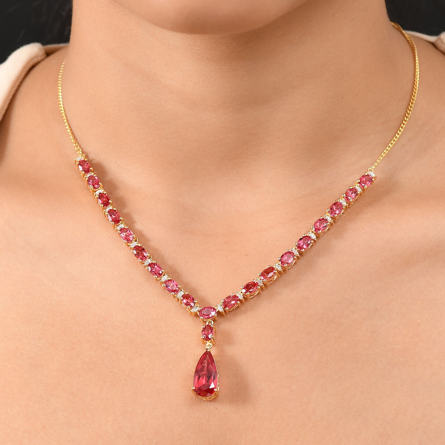 Empress Flame - D joy Lab Created Padparadscha-Saphir Halskette ca. 45 cm 925 Silber 750 Gelbgold Vermeil ca. 19.30 ct