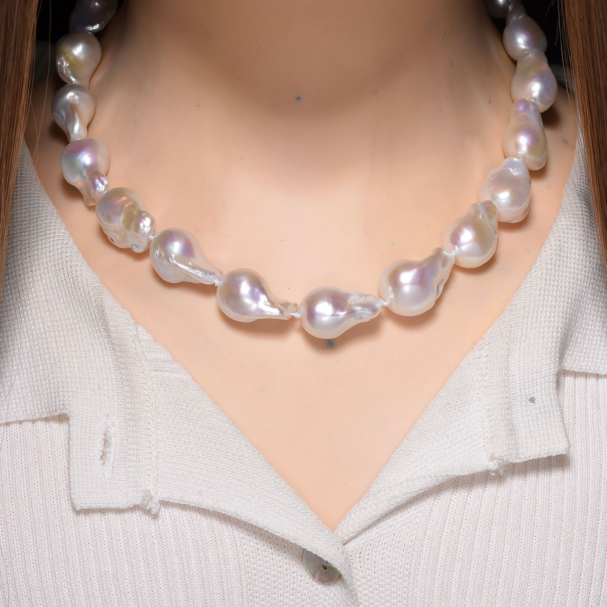 Exklusives Angebot- Weiße Süßwasser Barockperle Collier, ca. 45 cm mit 5 cm Extender, 925 Silber rhodiniert, (Perlenröße ca. 18-19 mm x 24-30 mm)