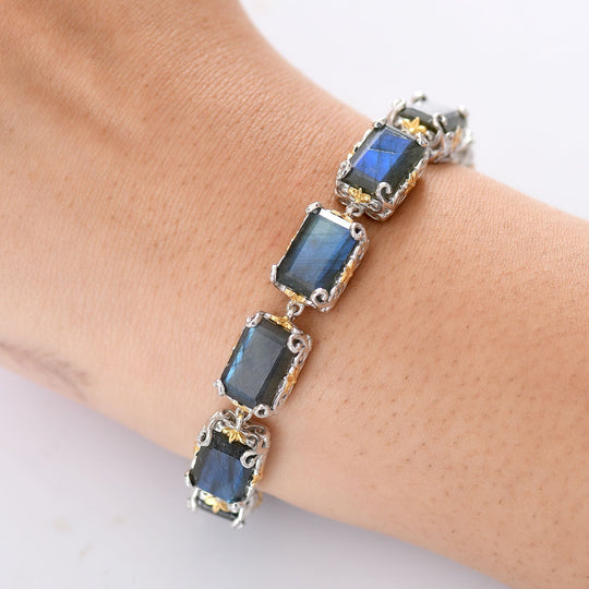 D joy AAA Malagasy Labradorit Armband, ca. 19 cm 925 Silber Rhodiniert und 750 Gelbgold Vermeil ca. 43,85 ct.