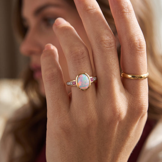 D’joy Natürlicher, äthiopischer Welo Opal, Rosa Saphir Ring 925 Silber vergoldet (Größe 16.00) ca. 1,36 ct