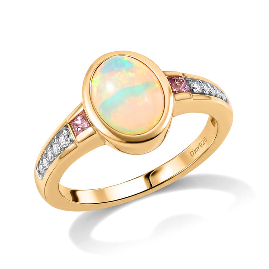 D’joy Natürlicher, äthiopischer Welo Opal, Rosa Saphir Ring 925 Silber vergoldet (Größe 16.00) ca. 1,36 ct