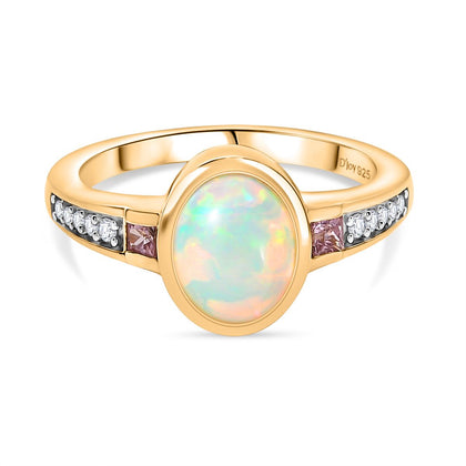 D’joy Natürlicher, äthiopischer Welo Opal, Rosa Saphir Ring 925 Silber vergoldet (Größe 16.00) ca. 1,36 ct